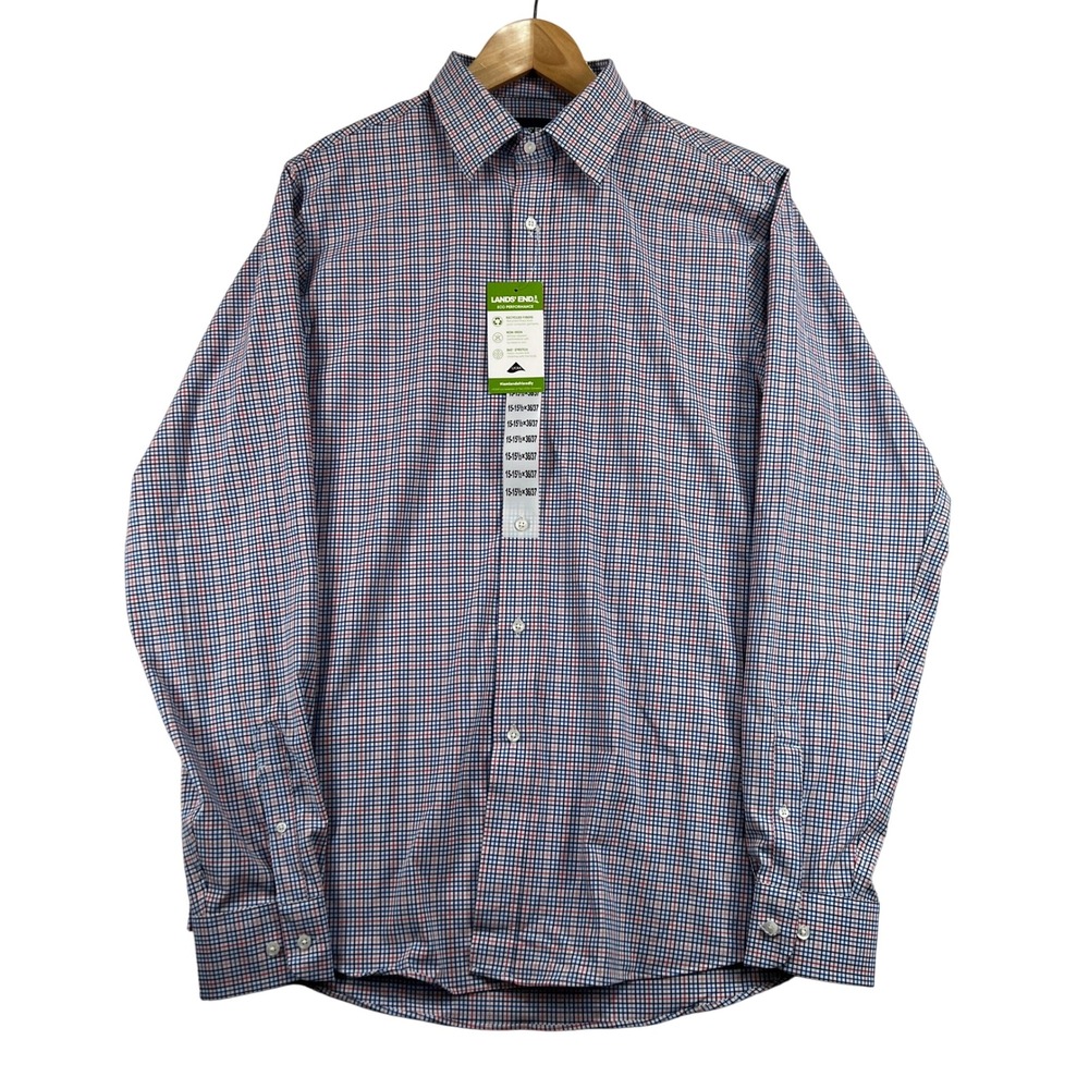 Lands' End Eco Performance Non-Iron Stretch Dress Shirt Mens M 15 Red Blue Plaid